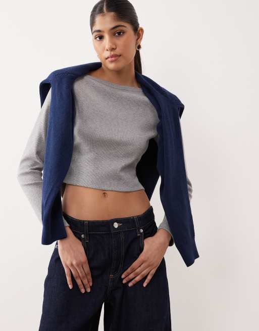 ASOS DESIGN - Top met lange mouwen, rechte hals en ronde zoom in gemêleerd grijs