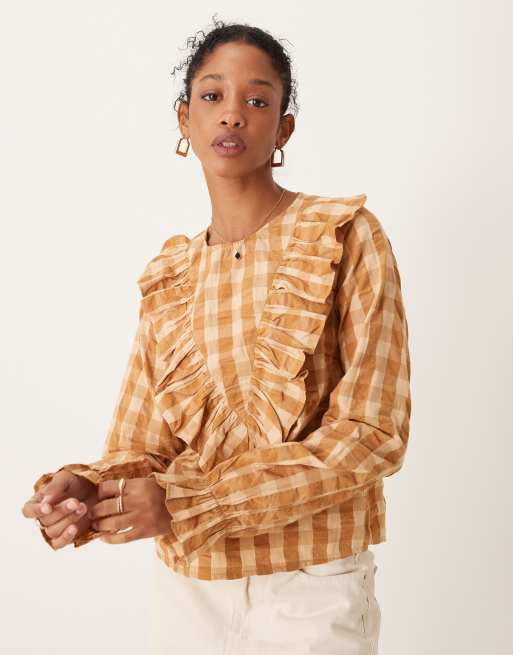 ASOS DESIGN - Top met lange mouwen, ruches en V-hals met gingham ruit