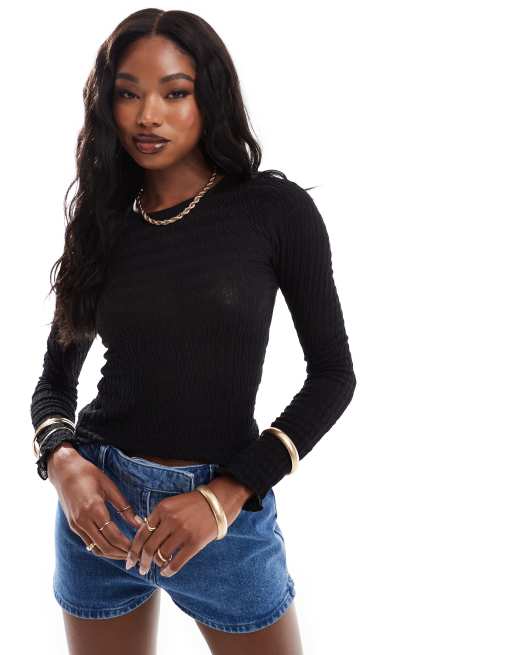 ASOS DESIGN - Top met lange mouwen, textuur en geschulpte zoom in zwart