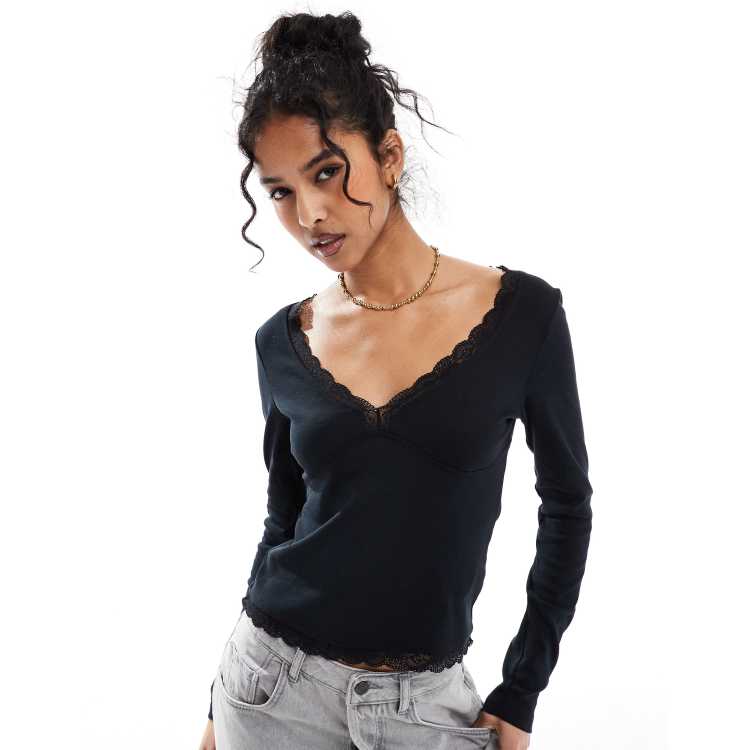 GORGLITTER Y2K Top voor dames, elegant kanten T-shirt, lange mouwen, kanten top, diepe V-hals, lange mouwen, bovenstuk, slimfit T-shirt, zwart, M