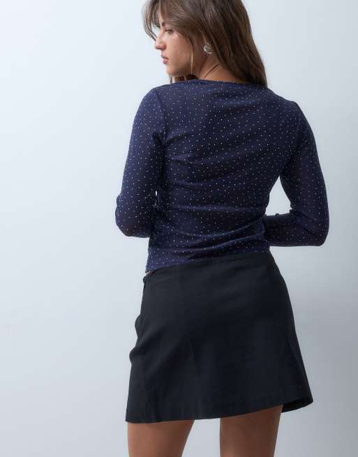 ASOS DESIGN top met lange mouwen van mesh met structuur en hotfix in donkerblauw, 4 van 4