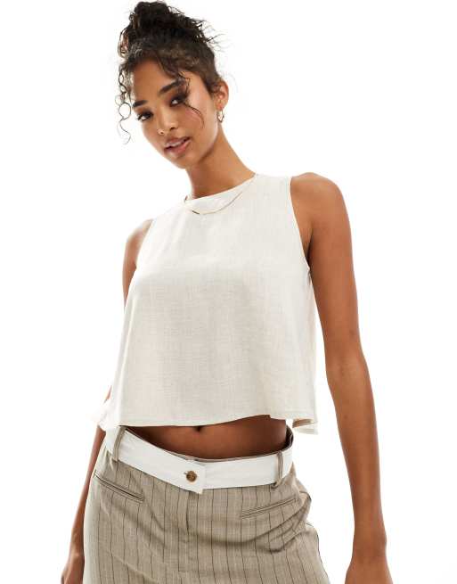 ASOS DESIGN - Top met linnenlook en open achterkant in licht beige