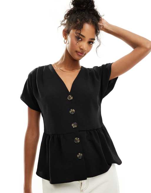 ASOS DESIGN - Top met linnenlook, peplum en knopen in zwart