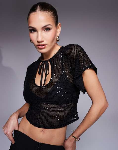 ASOS DESIGN - Top met lovertjes, uitlopende mouwen en keyhole met striksluiting in zwart - view 1