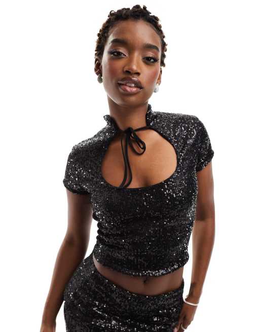 ASOS DESIGN - Top met open uitsnijding, kraagje en lovertjes in zwart, deel van co-ord set