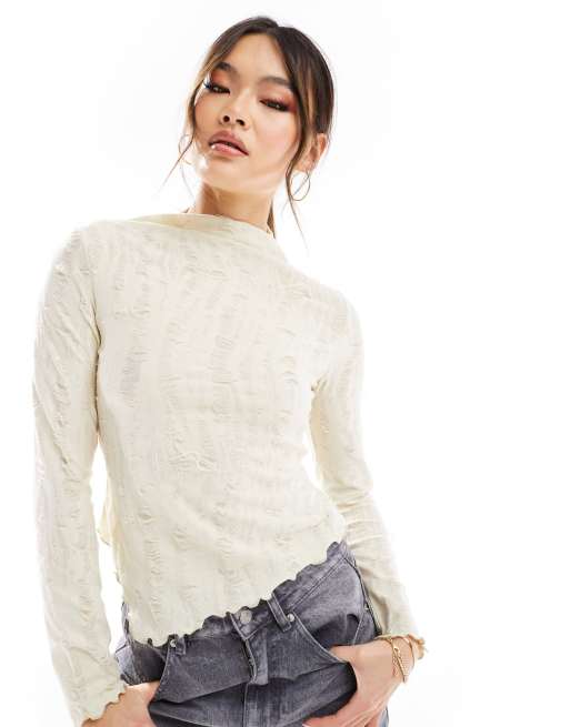 ASOS DESIGN - Top met opstaande kraag en textuur in gebroken wit