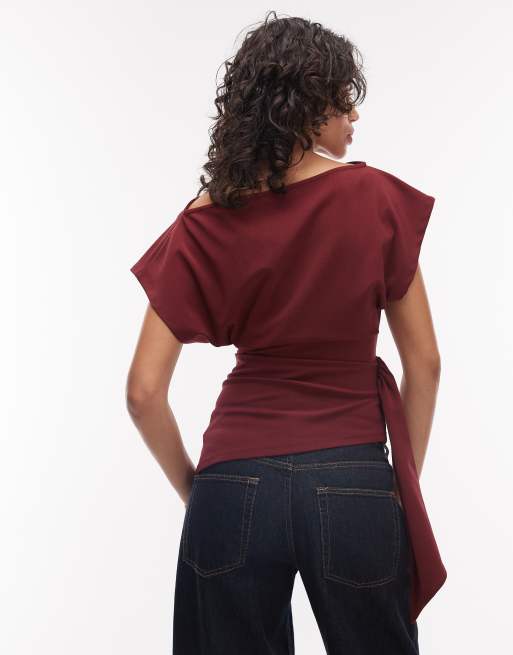 ASOS DESIGN - Top met rechte hals en overslag in de taille in bordeauxrood, 4 van 4
