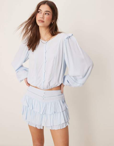 ASOS DESIGN - Top met ruches in lichtblauw, deel van co-ord set - view 1