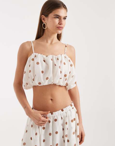 ASOS DESIGN - Top met ruches in wit met terracotta stippen, deel van co-ord set - view 1