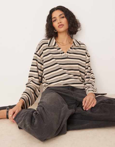 ASOS DESIGN - Top met rugbykraagje, lange mouwen en strepen in lichtbruin - view 1