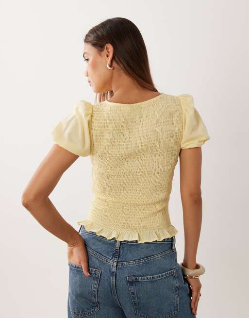 ASOS DESIGN top met smok en lange mouwen in buttermilk voile, 4 van 4
