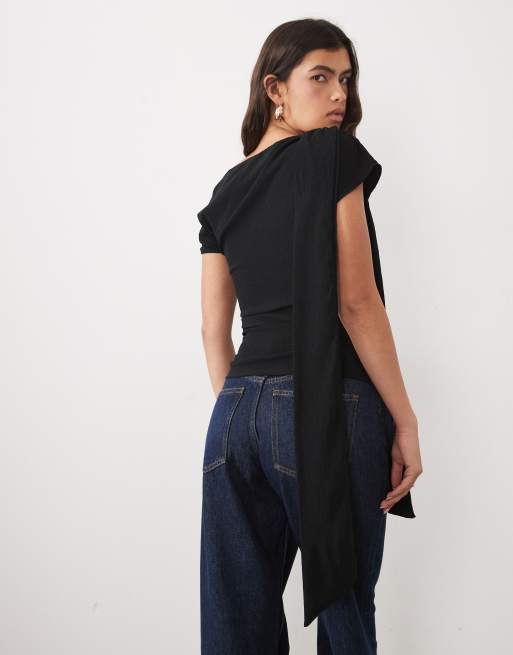 ASOS DESIGN top met structuur, sjaalhals, verlaagde schouders, zwart, 4 van 4