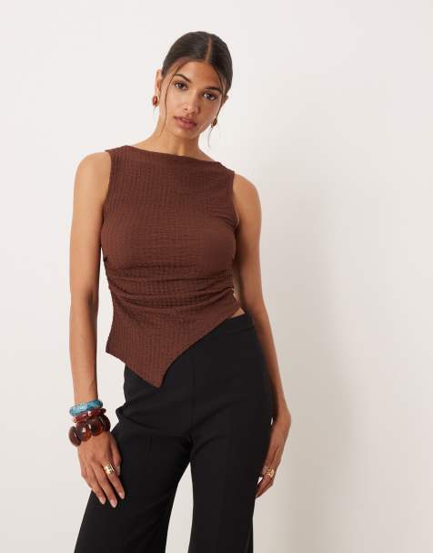 ASOS DESIGN - Top met textuur en asymmetrische taille met ruches in chocoladebruin - view 1