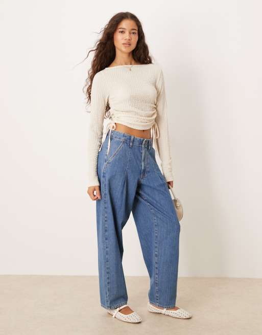 ASOS DESIGN - Top met textuur, lange mouwen en gerimpelde zijkant in crème, 3 van 4