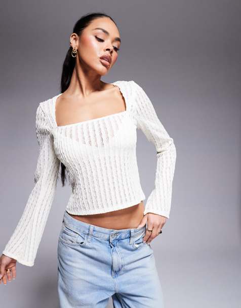 ASOS DESIGN - Top met uitlopende mouwen, vierkante hals en open textuur in ivoorwit - view 1