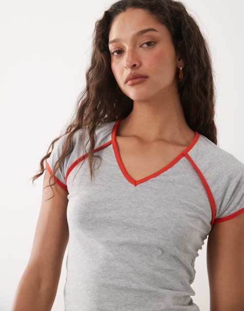 ASOS DESIGN - Top met V-hals en raglanmouwen in grijs met rood contrast - view 1