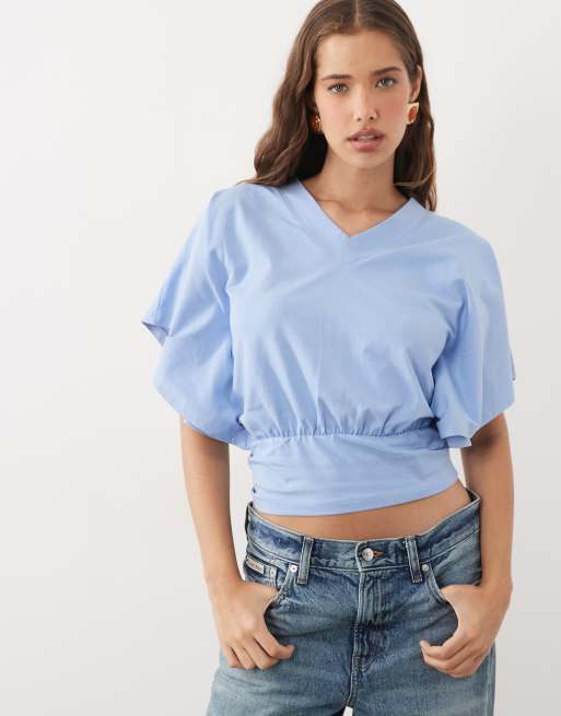 ASOS DESIGN top met V-hals en tailleband in lichtblauw, 2 van 4