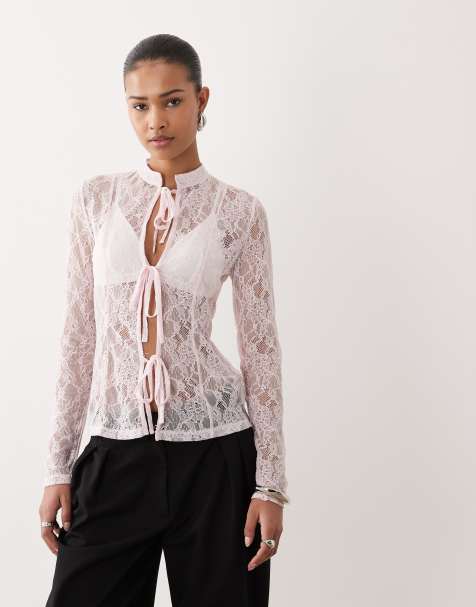 ASOS DESIGN - Top met veters aan de voorkant en lange mouwen in roze - view 1