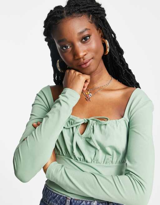 ASOS DESIGN - Top met vierkante hals en lange mouwen in saliegroen