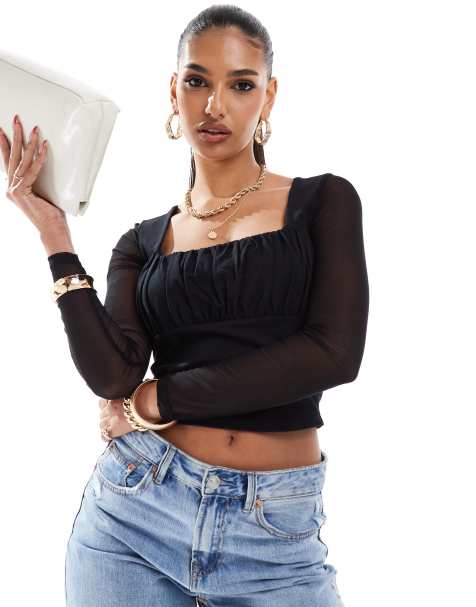 ASOS DESIGN - Top met vierkante hals en mesh mouwen in zwart - view 1