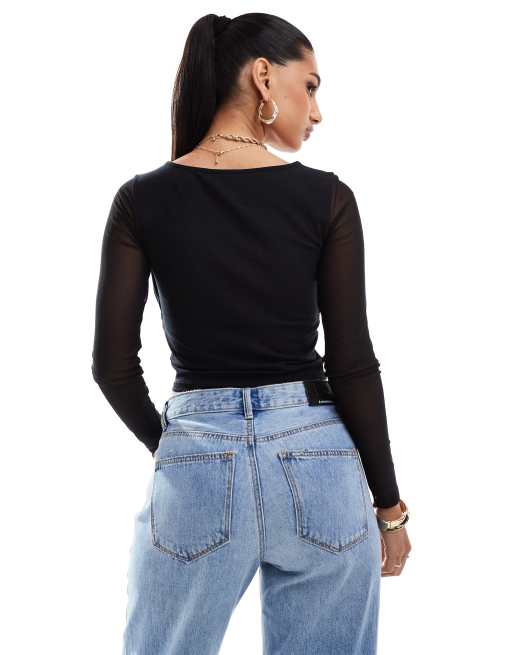 ASOS DESIGN - Top met vierkante hals en mesh mouwen in zwart, 3 van 4