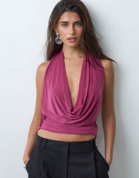 ASOS DESIGN top met watervalhals en gedrapeerde rug in framboosroze - view 1