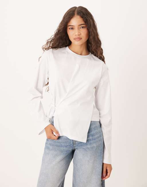 ASOS DESIGN - Top met wikkeldetail en lange mouwen in zwart