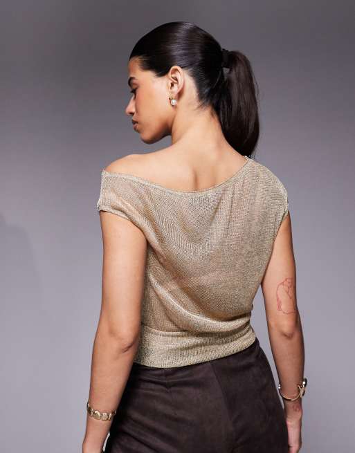 ASOS DESIGN - Top metallizzato semitrasparente color oro con spalle asimmetriche, 2 di 4