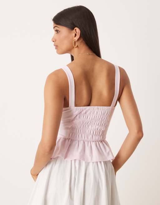 ASOS DESIGN - Top milkmaid a corsetto in cotone rosa pastello con fondo a volant, 4 di 4