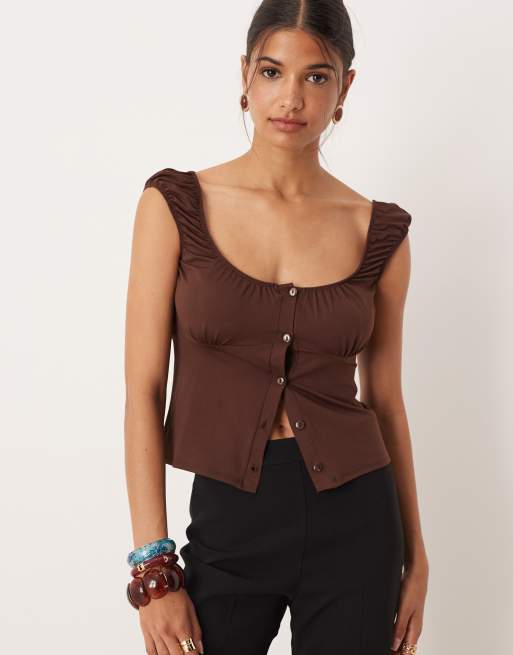 ASOS DESIGN - Top milkmaid a maniche corte color cioccolato con bottoni