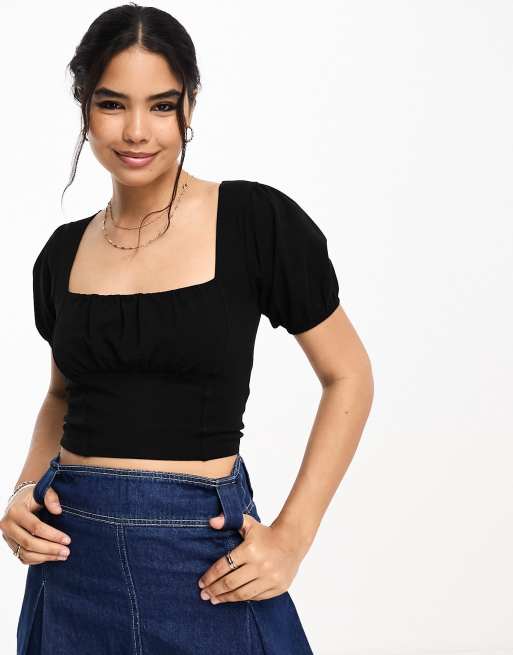ASOS DESIGN - Top milkmaid a maniche corte nero con cuciture sul busto 