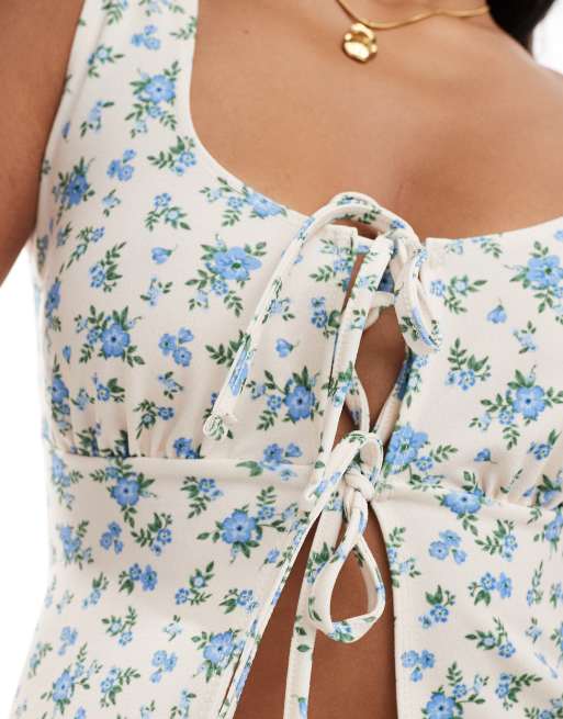 ASOS DESIGN - Top milkmaid beige a fiorellini con allacciatura sul davanti e finiture, 2 di 4