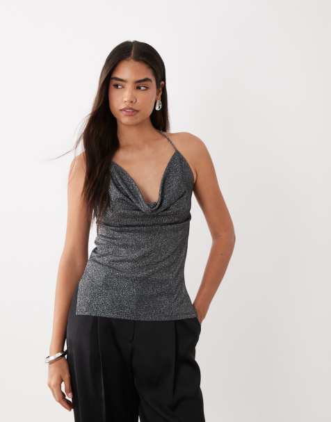 ASOS DESIGN Top mit Wasserfallausschnitt und Neckholder in Schwarz mit Metallic-Effekt - view 1