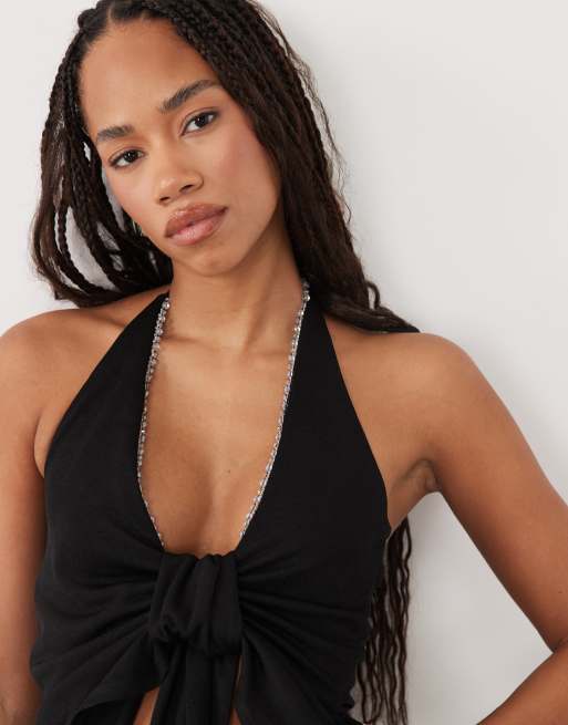 ASOS DESIGN Top mit Zierbesatz, Neckholder und Knoten in Schwarz, 3 von 4