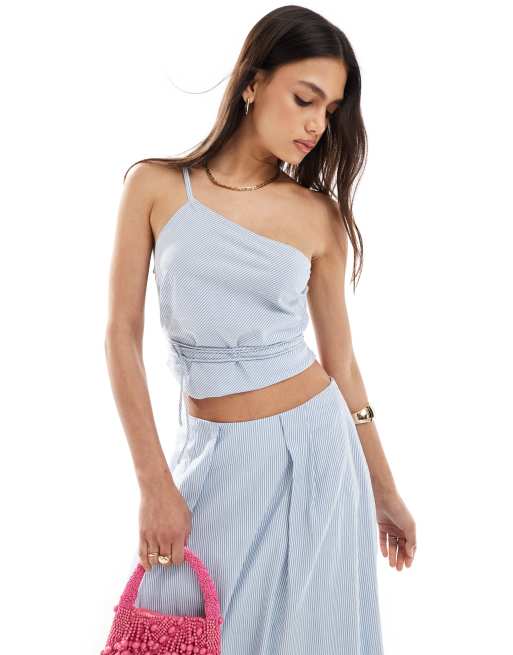 ASOS DESIGN - Top monospalla allacciato in vita blu a righe in coordinato