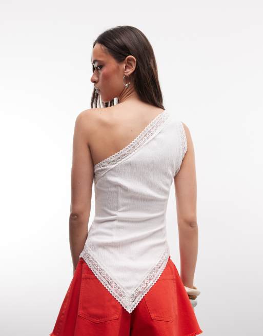 ASOS DESIGN - Top monospalla asimmetrico in misto pizzo stropicciato bianco, 3 di 4