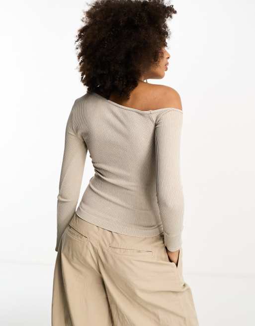 ASOS DESIGN - Top monospalla beige slavato senza cuciture, 4 di 4