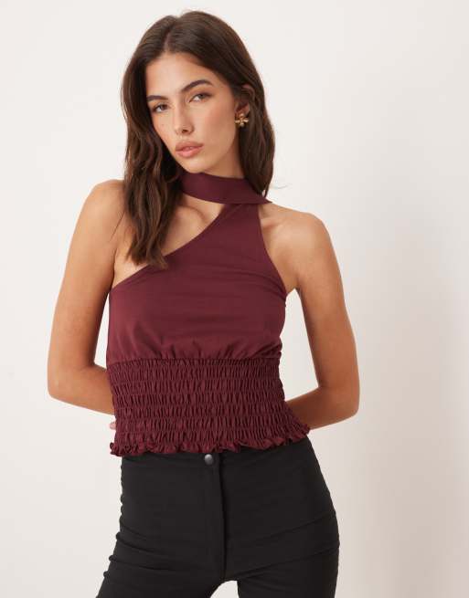 ASOS DESIGN - Top monospalla bordeaux con dettaglio arricciato in vita e sciarpa