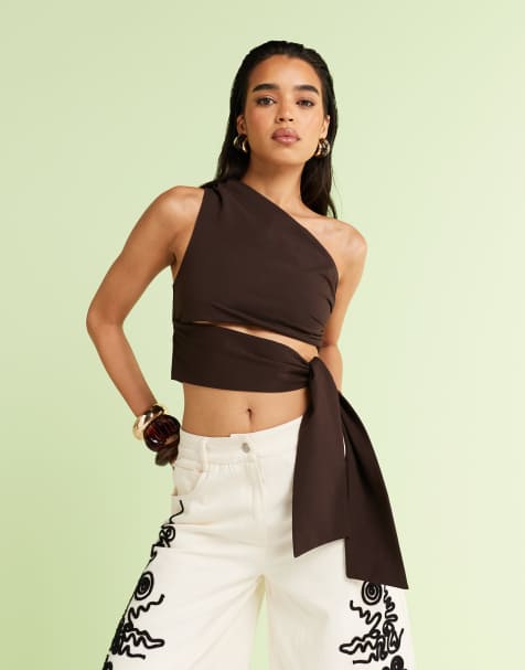 ASOS DESIGN - Top monospalla color cioccolato dalle linee pulite con allacciatura laterale - view 1