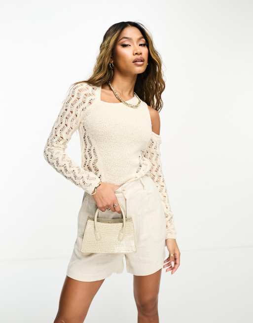 ASOS DESIGN - Top monospalla color crema con cuciture traforate