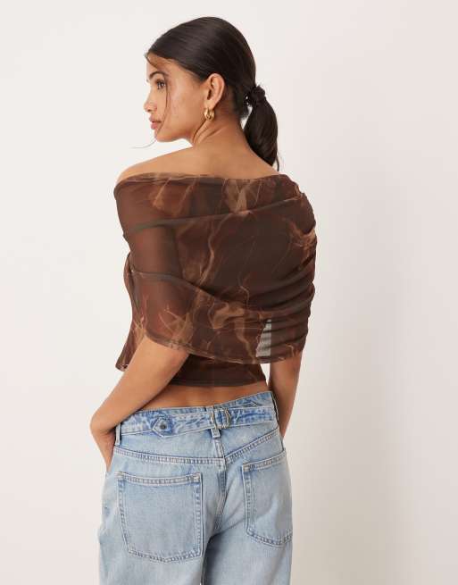 ASOS DESIGN - Top monospalla con stampa astratta a fiori e finiture in rete, 4 di 4