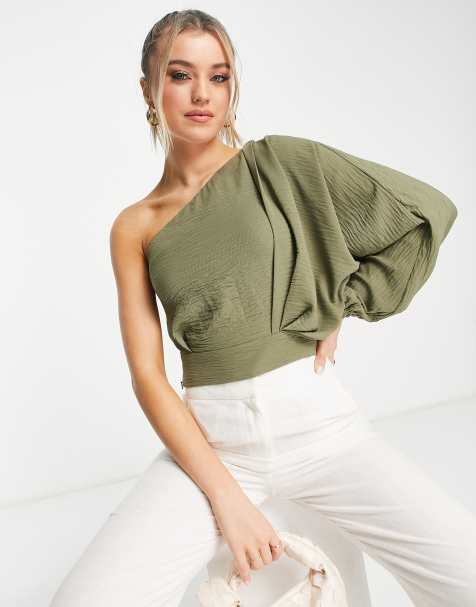 ASOS DESIGN - Top monospalla drappeggiato ad ali di pipistrello color oliva - view 1