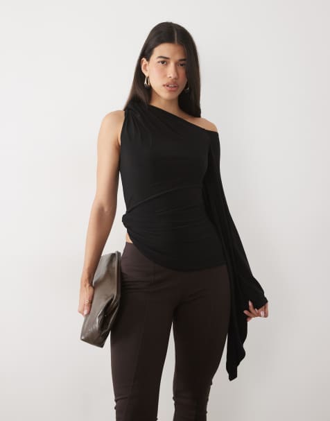 ASOS DESIGN top monospalla drappeggiato con maniche a pipistrello nero - view 1