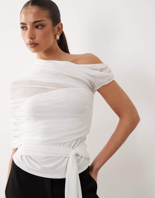 ASOS DESIGN - Top monospalla drappeggiato in rete color crema con vita stretta, 3 di 4