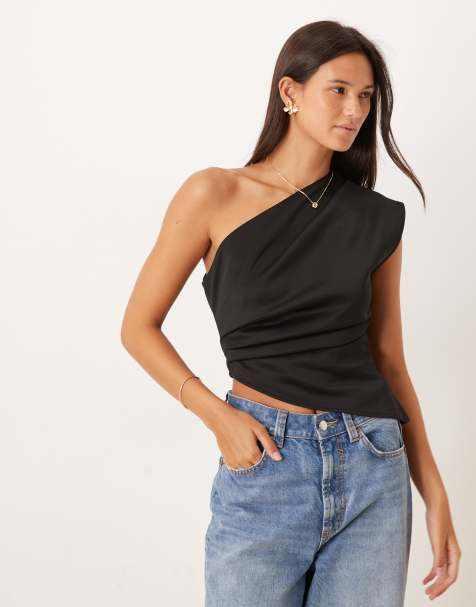 ASOS DESIGN - Top monospalla in crêpe nero con fondo asimmetrico e arricciatura - view 1