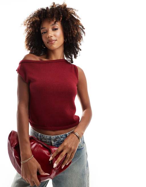 ASOS DESIGN - Top monospalla in maglia bordeaux