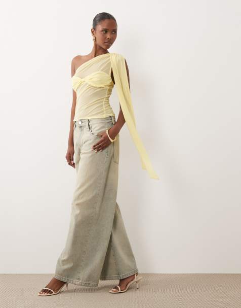 ASOS DESIGN - Top monospalla in rete giallo con fascia e foulard - view 1