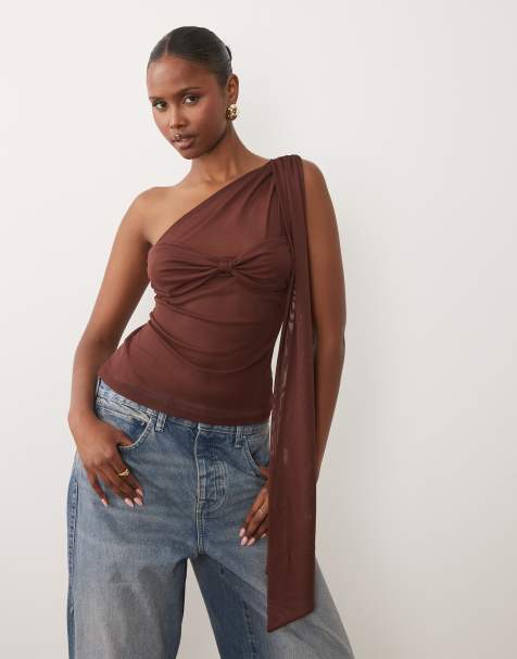 ASOS DESIGN - Top monospalla in rete marrone con fascia e foulard - view 1