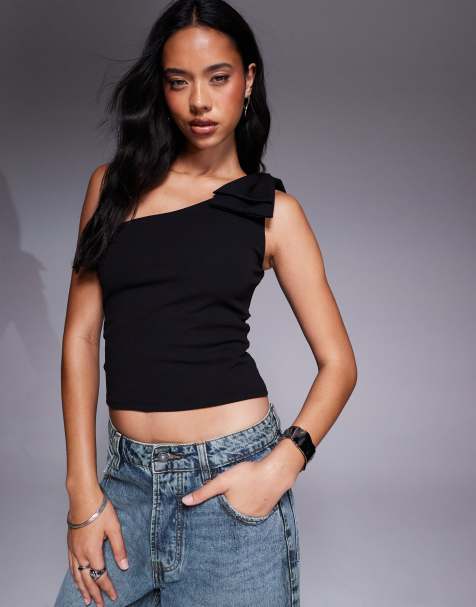 ASOS DESIGN - Top monospalla in tessuto crêpe effetto scuba nero con fiocco - view 1