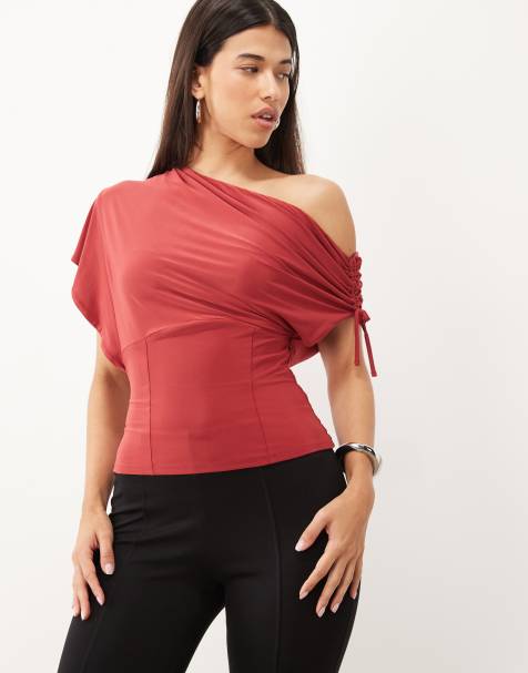 ASOS DESIGN top monospalla morbido con drappeggio color cherry - view 1